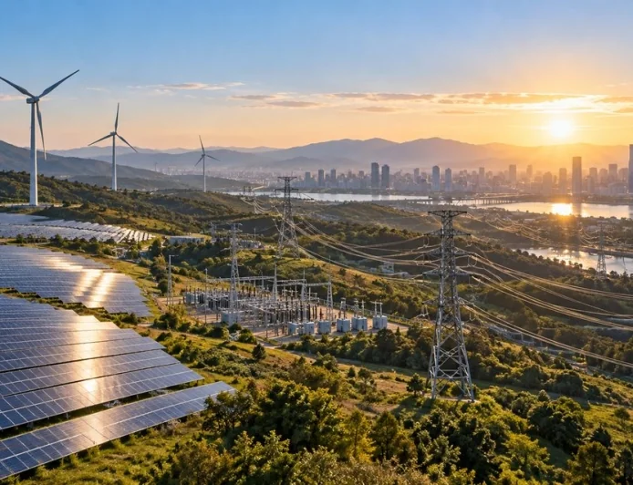 Yenilenebilir elektrik üretimini şebekeye taşıyan güneş panelleri, rüzgâr türbinleri ve enerji depolama sistemi
