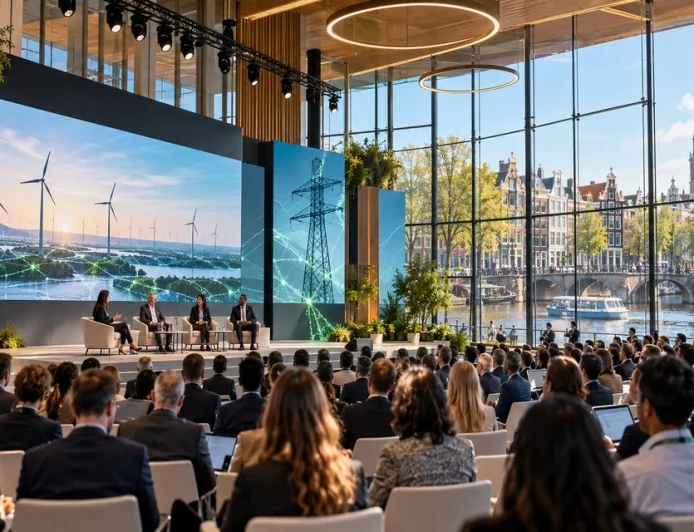 Amsterdam'daki modern konferans salonunda elektrik şebekesi yatırımlarını tartışan katılımcılar