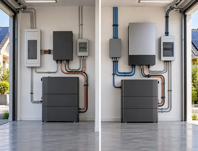 Çatı güneş panelleri, hibrit inverter ve ev bataryasının güvenli bağlantı düzeni